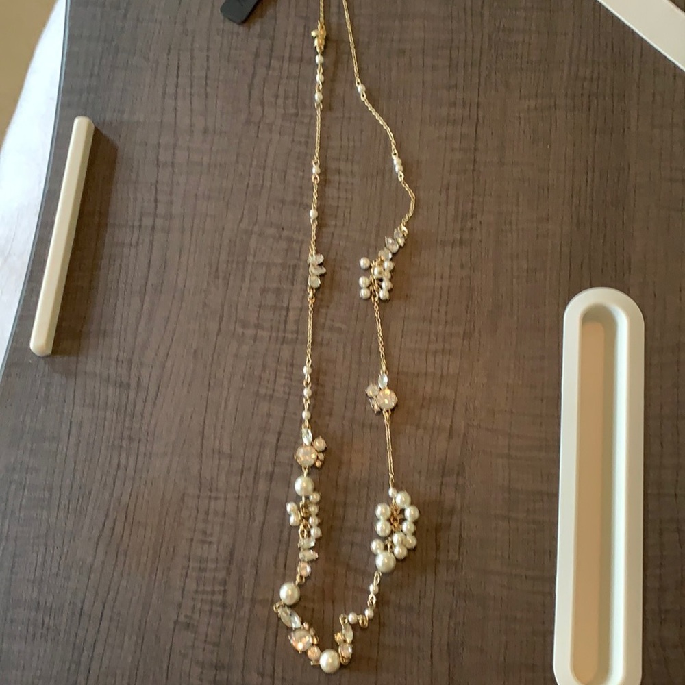 J Crew Long Crystal Pearl Gold Necklace